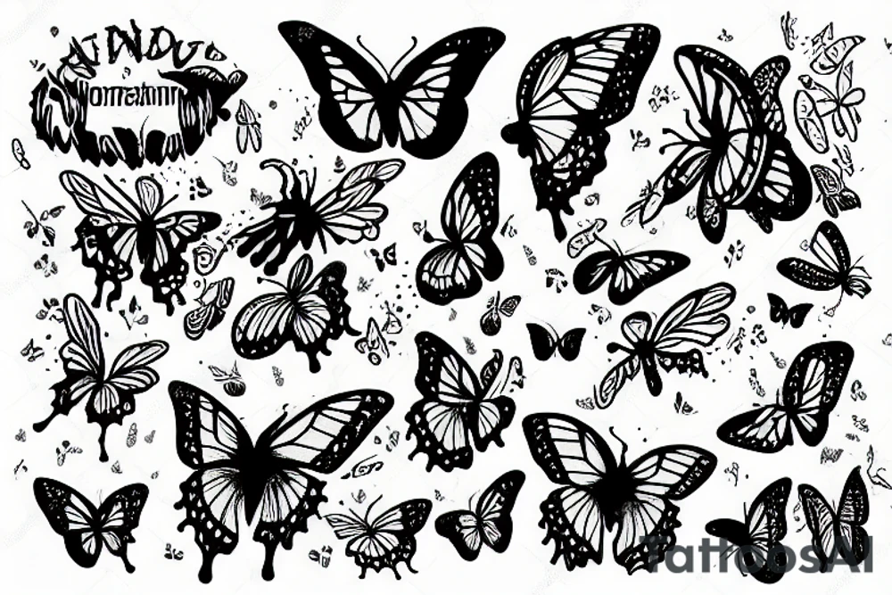 horned hand with butterflies above and NBM written on the arm tattoo idea