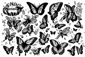 horned hand with butterflies above and NBM written on the arm tattoo idea