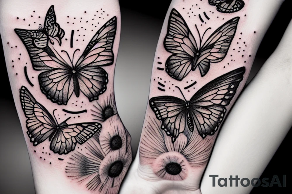 horned hand with butterflies above and NBM written on the arm tattoo idea