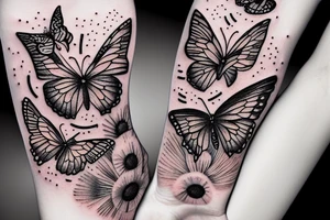 horned hand with butterflies above and NBM written on the arm tattoo idea
