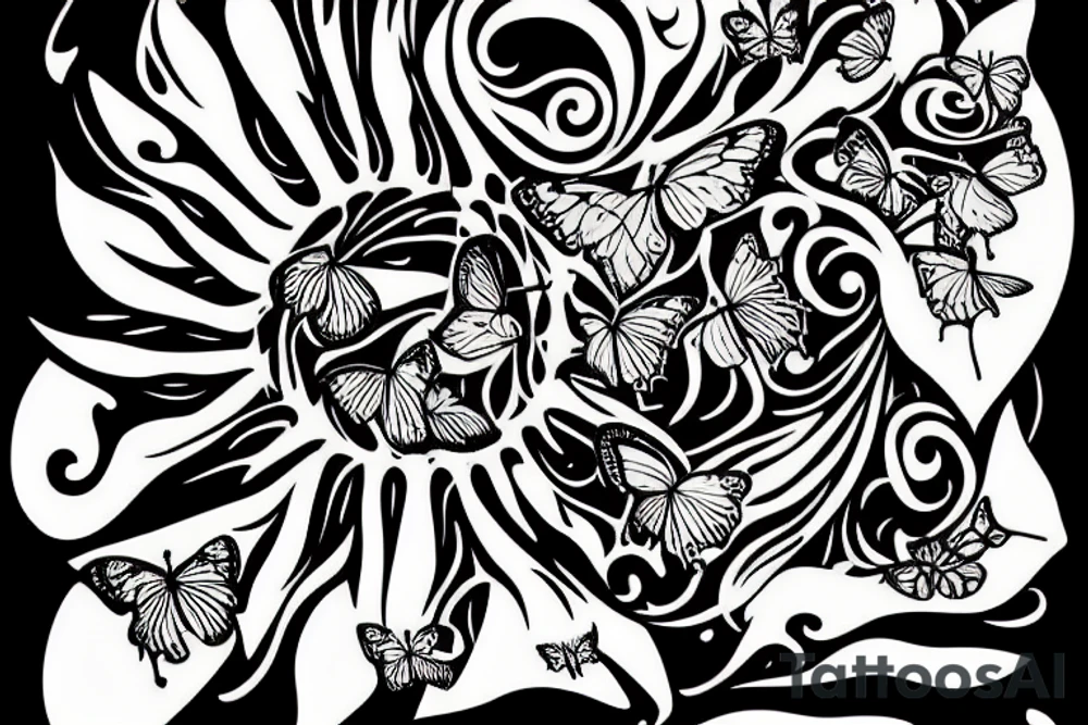 horned hand with butterflies above and NBM written on the arm tattoo idea