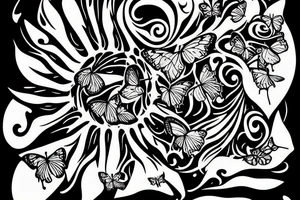 horned hand with butterflies above and NBM written on the arm tattoo idea