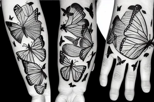 Horned hand representing the rock music genre with butterflies above and NBT written on the arm tattoo idea