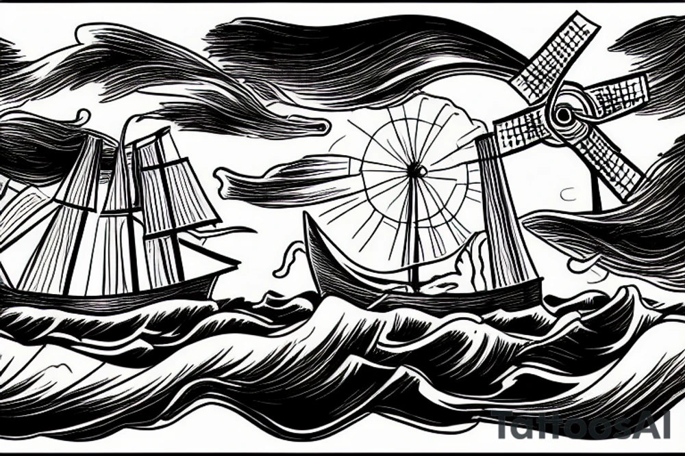 old time ship on a stormy sea with a windmill on top tattoo idea