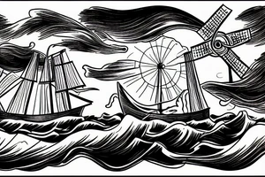 old time ship on a stormy sea with a windmill on top tattoo idea