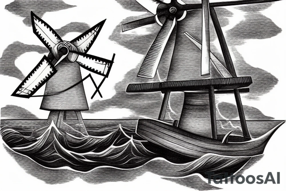 old time ship on a stormy sea with a windmill on top tattoo idea