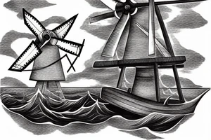 old time ship on a stormy sea with a windmill on top tattoo idea
