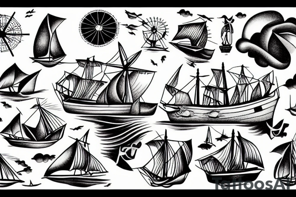 old time ship on a stormy sea with a windmill on top tattoo idea