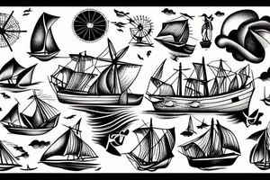 old time ship on a stormy sea with a windmill on top tattoo idea