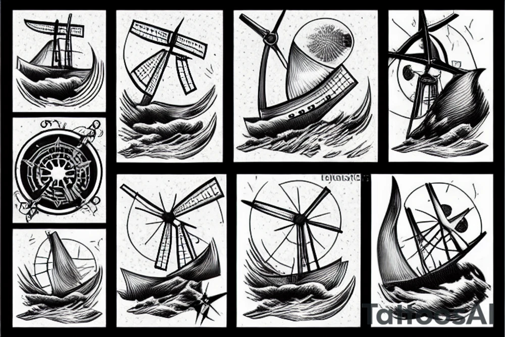 old time ship on a stormy sea with a windmill on top tattoo idea