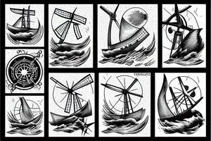old time ship on a stormy sea with a windmill on top tattoo idea