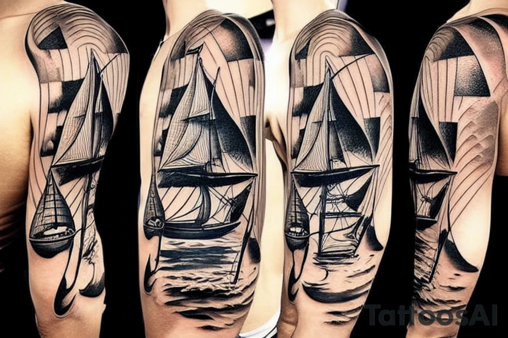 Pirate sailboat on the waves in the sun tattoo idea