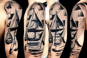 Pirate sailboat on the waves in the sun tattoo idea