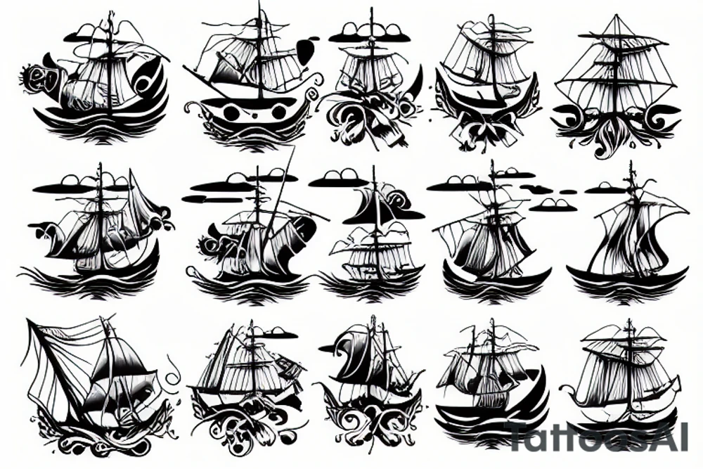 Pirate sailboat on the waves in the sun tattoo idea