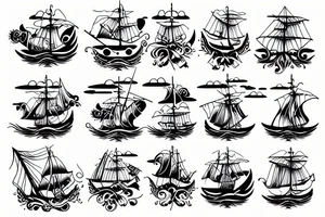 Pirate sailboat on the waves in the sun tattoo idea