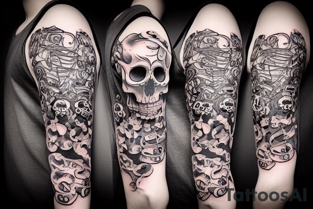 A skull made of smoke and music notes tattoo idea