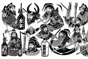 Samurai and Vikings drinking sake and beer in valhalla tattoo idea