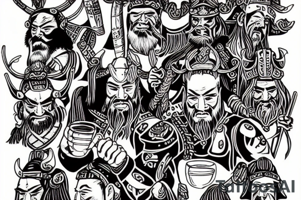Samurai and Vikings drinking sake and beer in valhalla tattoo idea