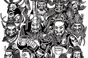 Samurai and Vikings drinking sake and beer in valhalla tattoo idea