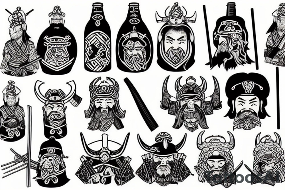 Samurai and Vikings drinking sake and beer in valhalla tattoo idea