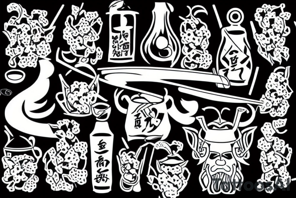 From far away samurai and vikings sitting together drinking sake under a cherry tree tattoo idea