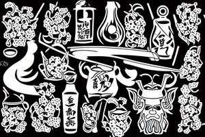 From far away samurai and vikings sitting together drinking sake under a cherry tree tattoo idea