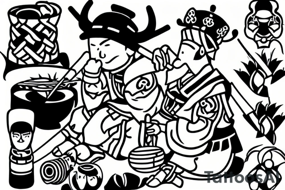 From far away samurai and vikings sitting together drinking sake under a cherry tree tattoo idea