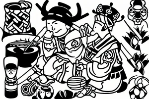 From far away samurai and vikings sitting together drinking sake under a cherry tree tattoo idea