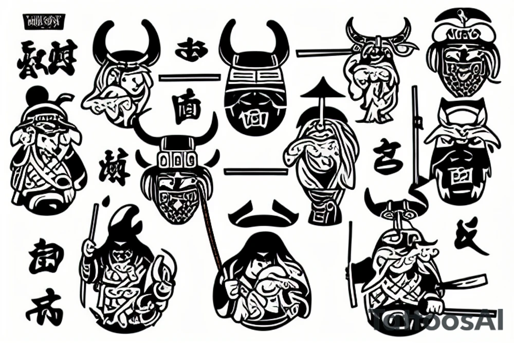 From far away samurai and vikings sitting together drinking sake under a cherry tree tattoo idea