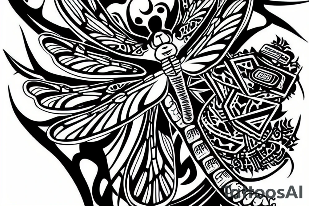 Dragonfly tribal design with video game controller tattoo idea