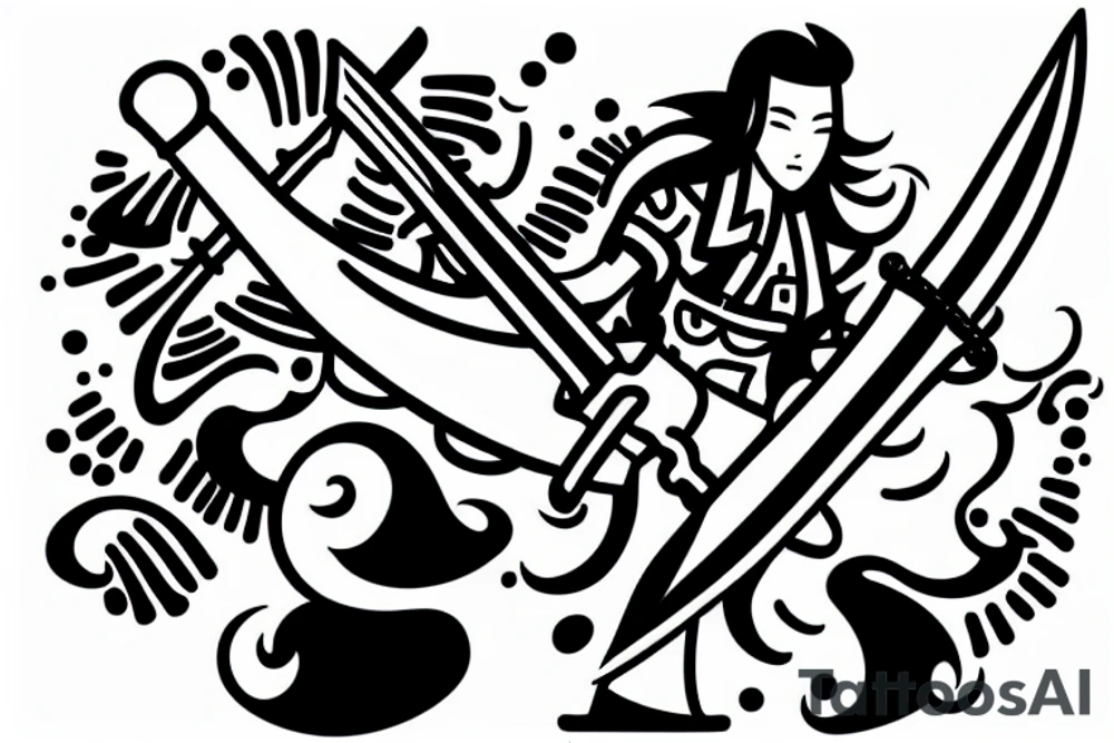 a beautiful pharmacist wielding a gigantic sword, battling against a virus tattoo idea