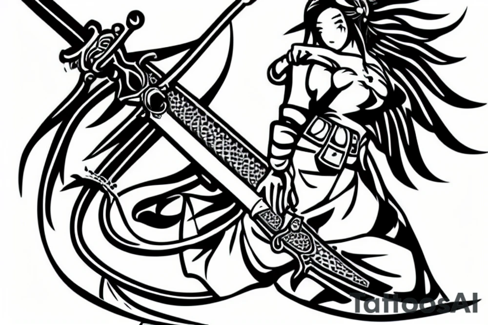 a beautiful pharmacist wielding a gigantic sword, battling against a virus tattoo idea