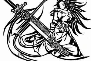 a beautiful pharmacist wielding a gigantic sword, battling against a virus tattoo idea