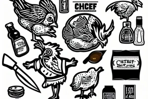 Chicken in a chef coat with a knife and hot sauce tattoo idea