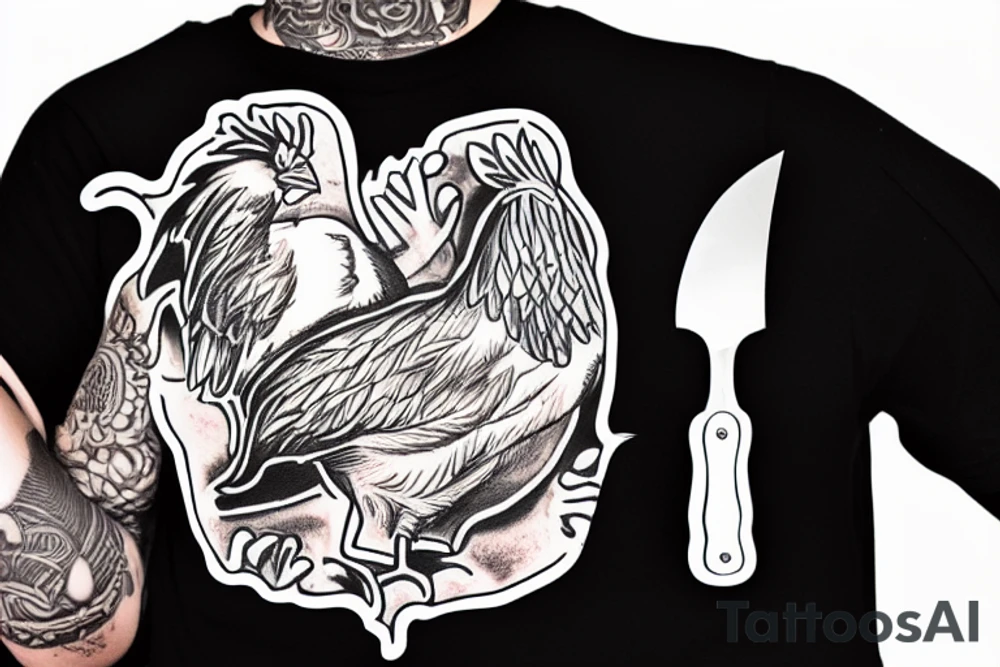 Chicken in a chef coat with a knife and hot sauce tattoo idea