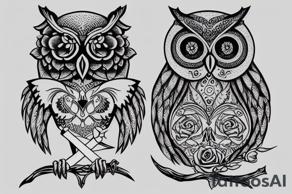 An owl with a sword and a rose tattoo idea