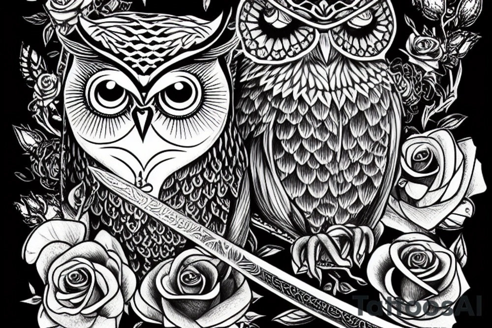An owl with a sword and a rose tattoo idea