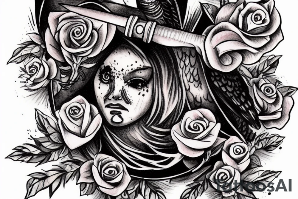 One owl holding a sword and a rose tattoo idea