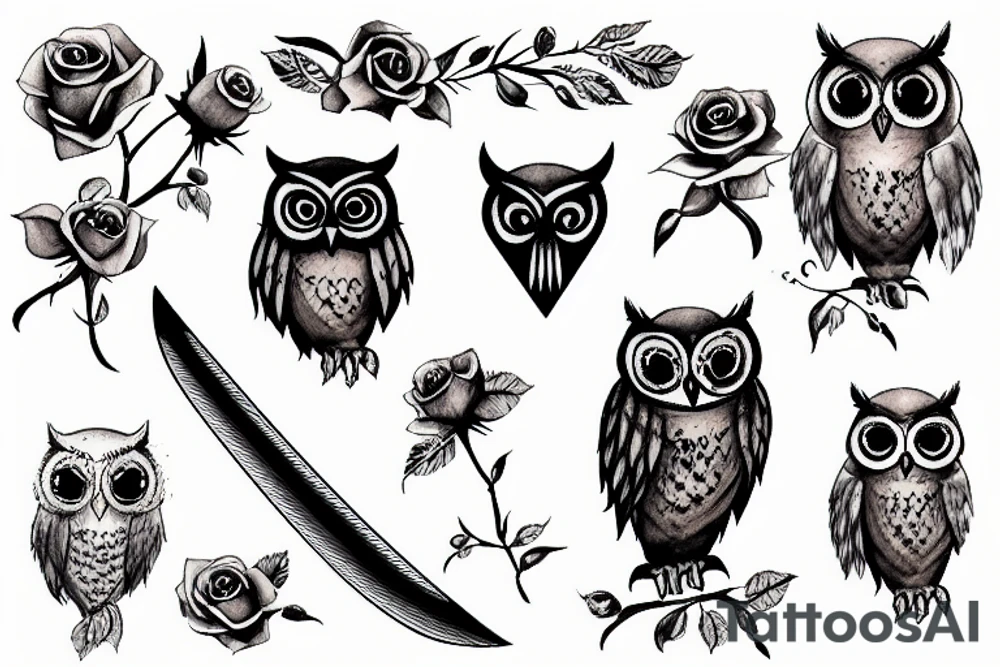 One owl holding a sword and a rose tattoo idea