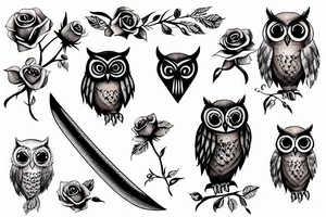 One owl holding a sword and a rose tattoo idea