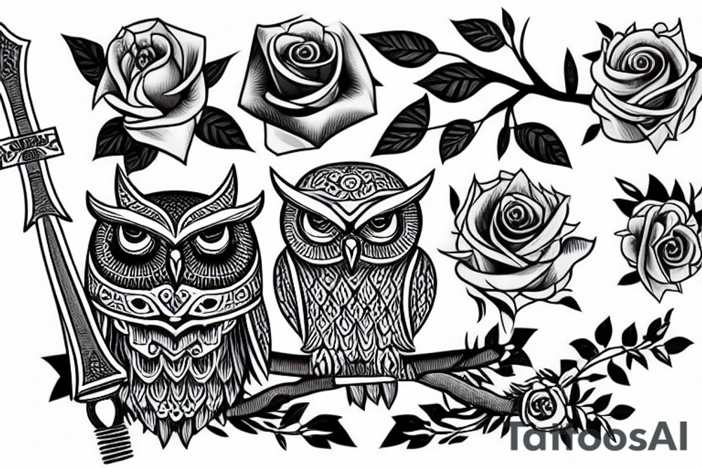 One owl holding a sword and a rose tattoo idea