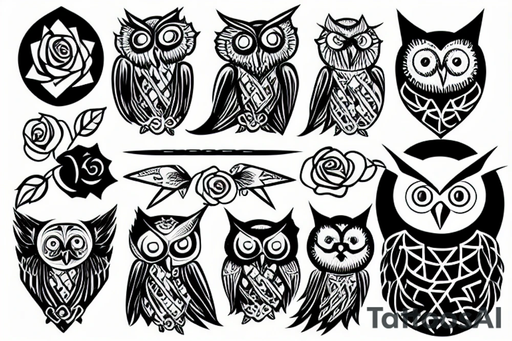 One owl holding a sword and a rose tattoo idea