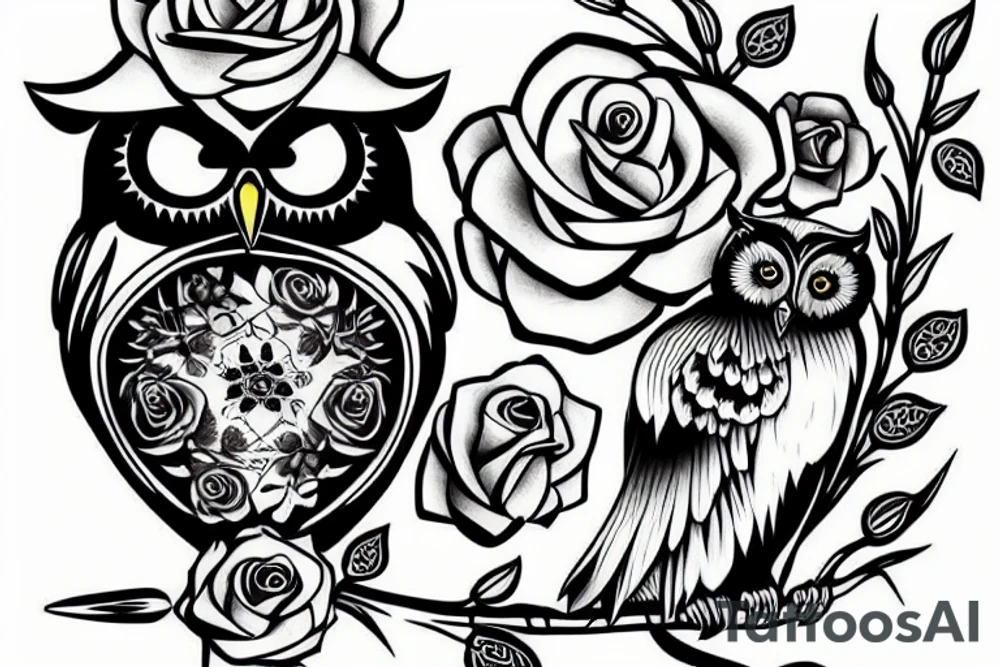 An owl with two roses holding a sword tattoo idea