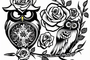 An owl with two roses holding a sword tattoo idea