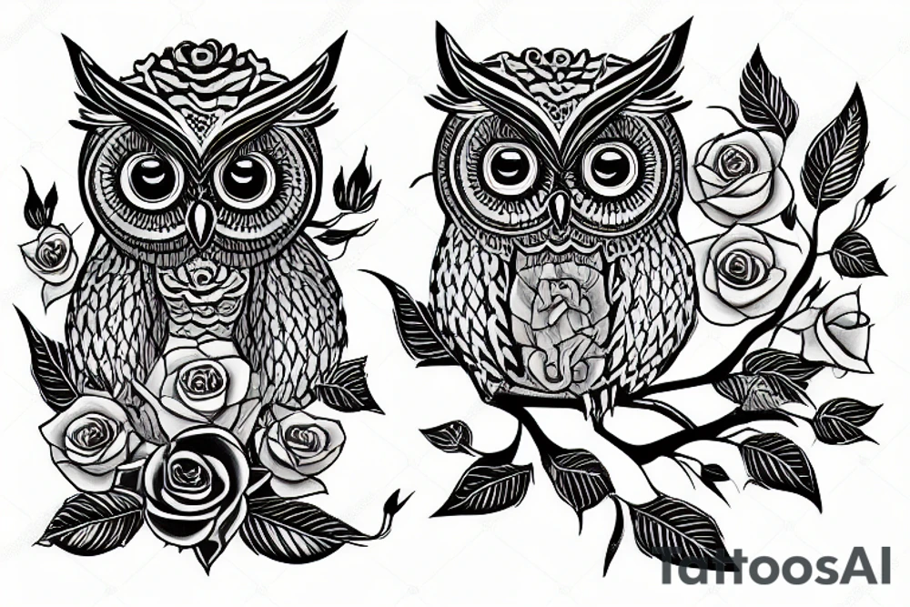 An owl with two roses holding a sword tattoo idea