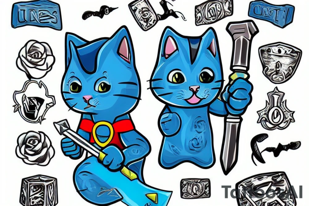 blue kitten with hammer thor tattoo idea