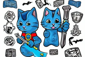 blue kitten with hammer thor tattoo idea