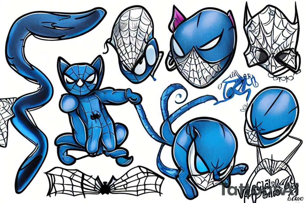 blue kitten with spiderman cloth tattoo idea