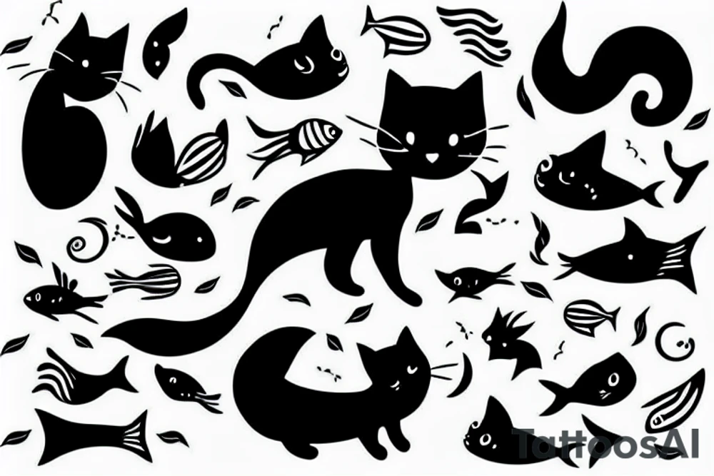 Black cat with fish and tv tattoo idea
