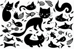 Black cat with fish and tv tattoo idea